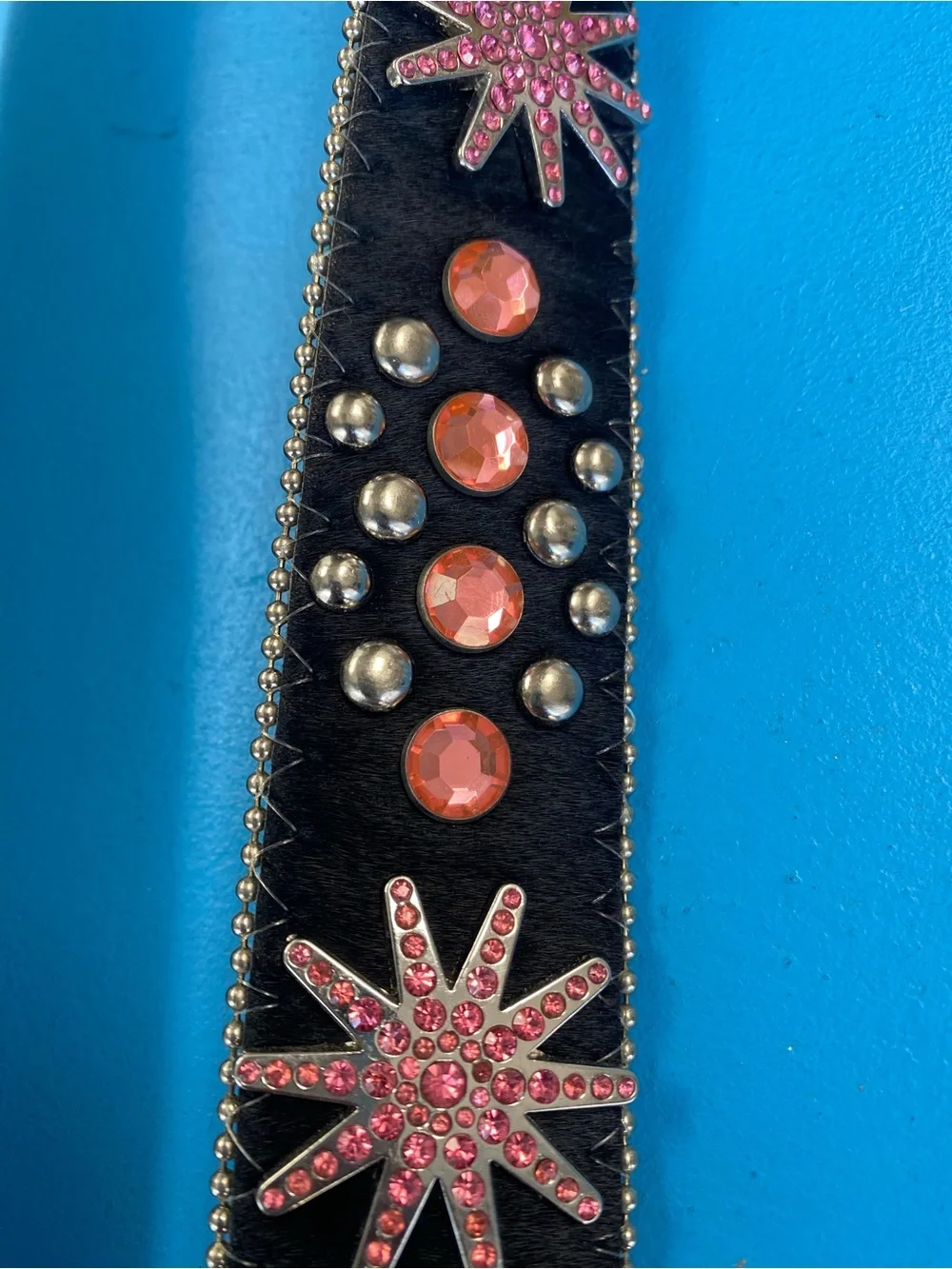 W b Atlas Black Hair-On Leather Belt with Pink Crystal Western Buckle